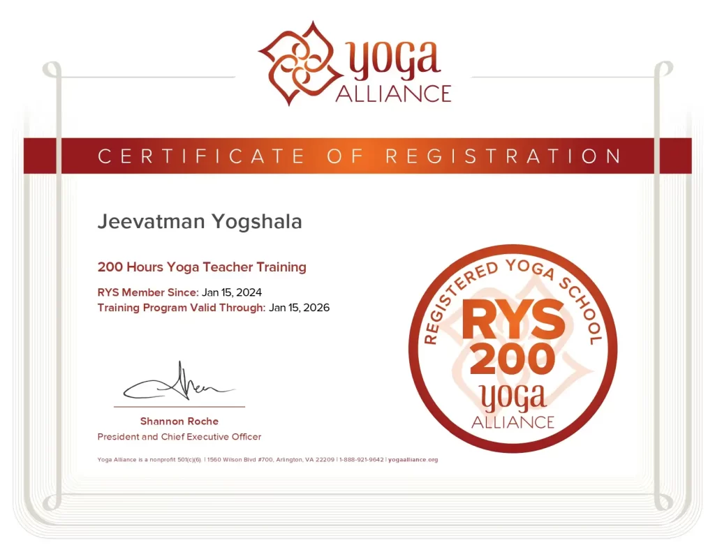 Yoga Alliance Certificate of Registration for Jeevatman Yogshala 200 Hours Yoga Teacher Training, valid from January 15, 2024 to January 15, 2026.