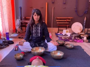 Solfeggio frequencies practice with singing bowls, chimes and gong at Jeevatman Yogshala, Rishikesh