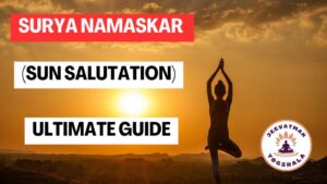Person performing Surya Namaskar, a series of 12 yoga poses, in a sunrise setting with arms raised towards the sun.