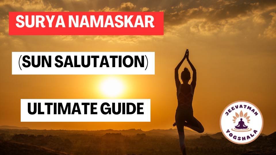 Person performing Surya Namaskar, a series of 12 yoga poses, in a sunrise setting with arms raised towards the sun.