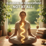 Peaceful image illustrating the non-dangerous aspect of Kundalini awakening with a woman in meditation and glowing inner energy.