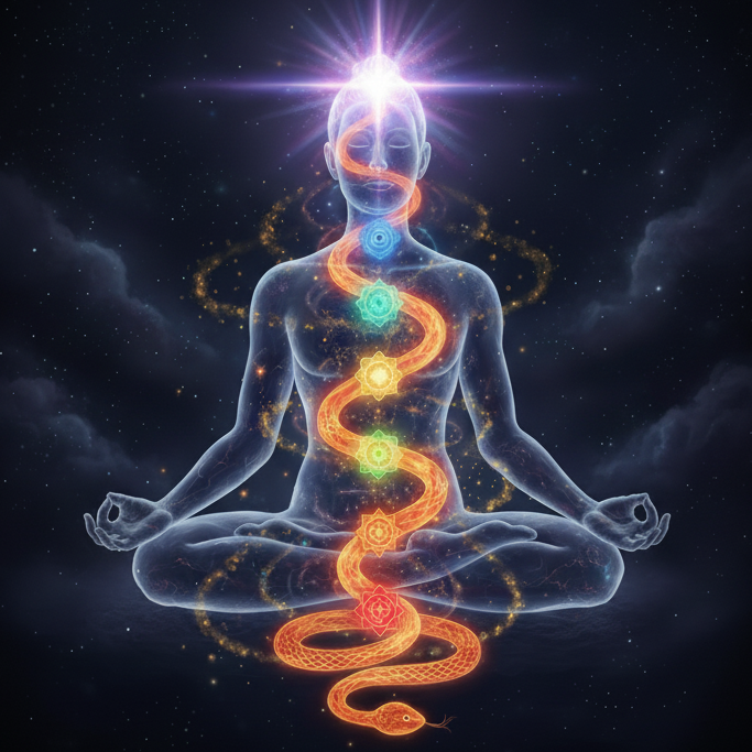 “Kundalini Awakening – Energy rising through chakras in meditation”