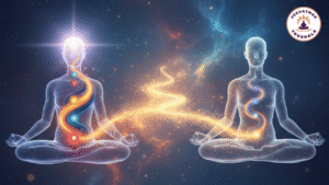 Two meditating figures with chakras illuminated and Kundalini energy rising, symbolizing Kundalini Awakening through yoga