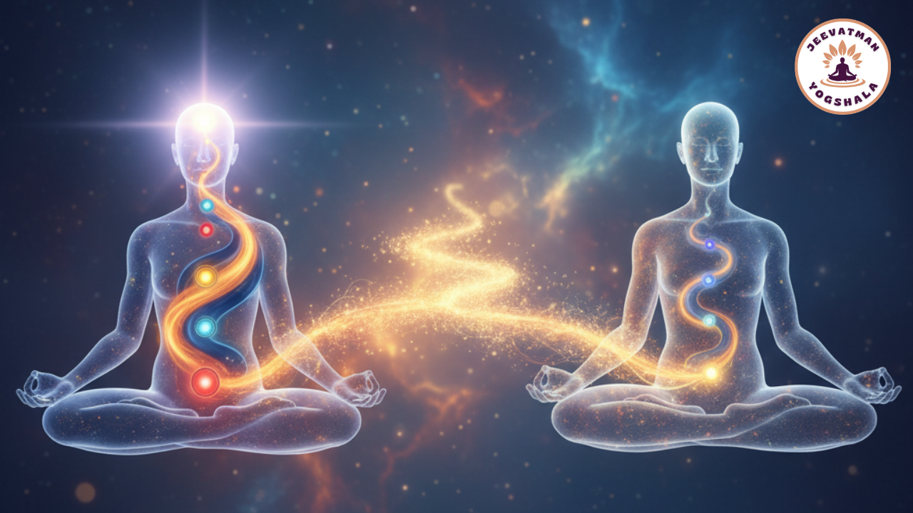 Two meditating figures with chakras illuminated and Kundalini energy rising, symbolizing Kundalini Awakening through yoga
