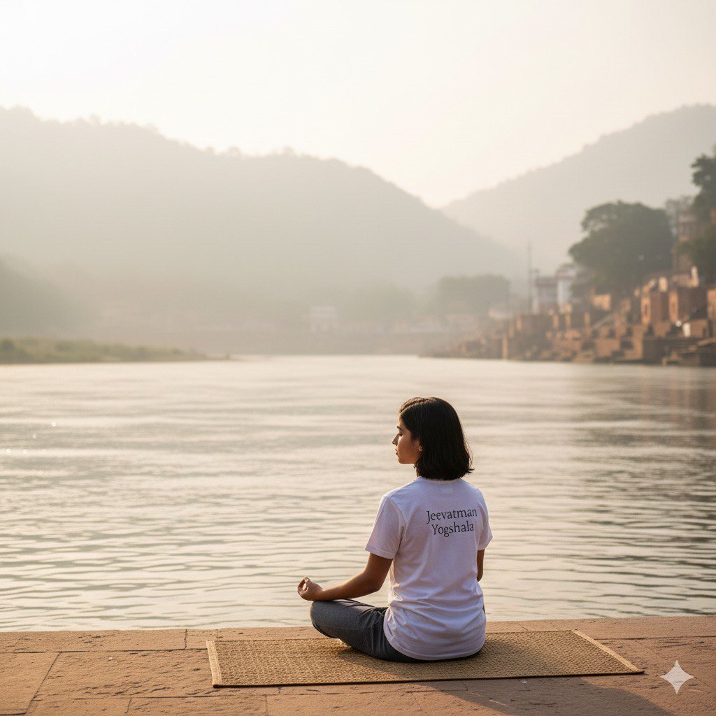 A yoga student meditating by the Ganga River during 200 hour yoga teacher training in rishikesh