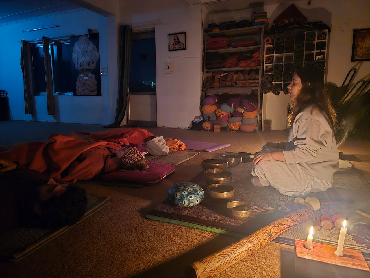 Sound Healing session in Rishikesh using Tibetan singing bowls at Jeevatman Yogshala