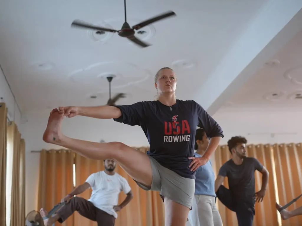 Beginner practicing yoga in Rishikesh at Jeevatman Yogashala