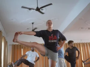 Beginner practicing yoga in Rishikesh at Jeevatman Yogashala