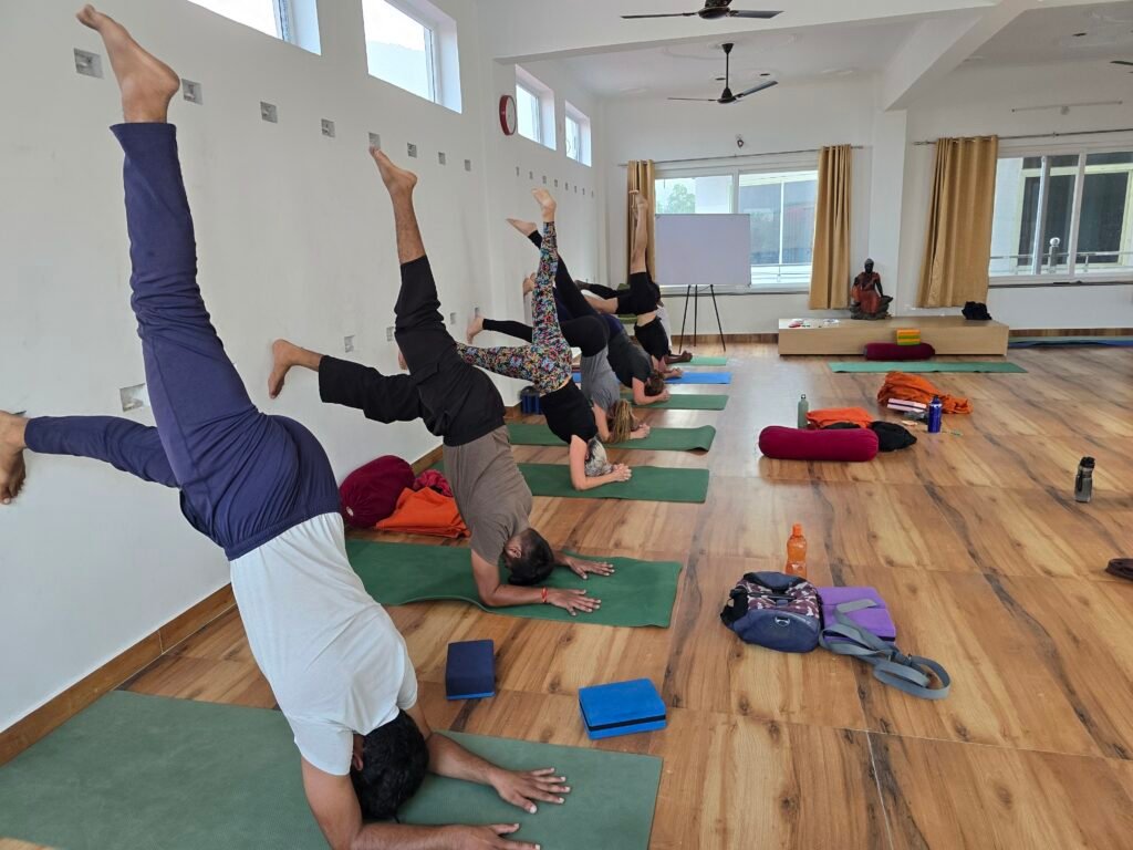 Yoga students practicing first handstand against the wall during 200 Hour Yoga Teacher Training in Rishikesh