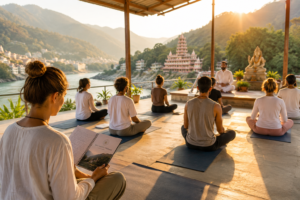Yoga teacher training students meditating in an open-air yoga shala overlooking the Ganges River and Himalayan foothills in Rishikesh at sunrise.