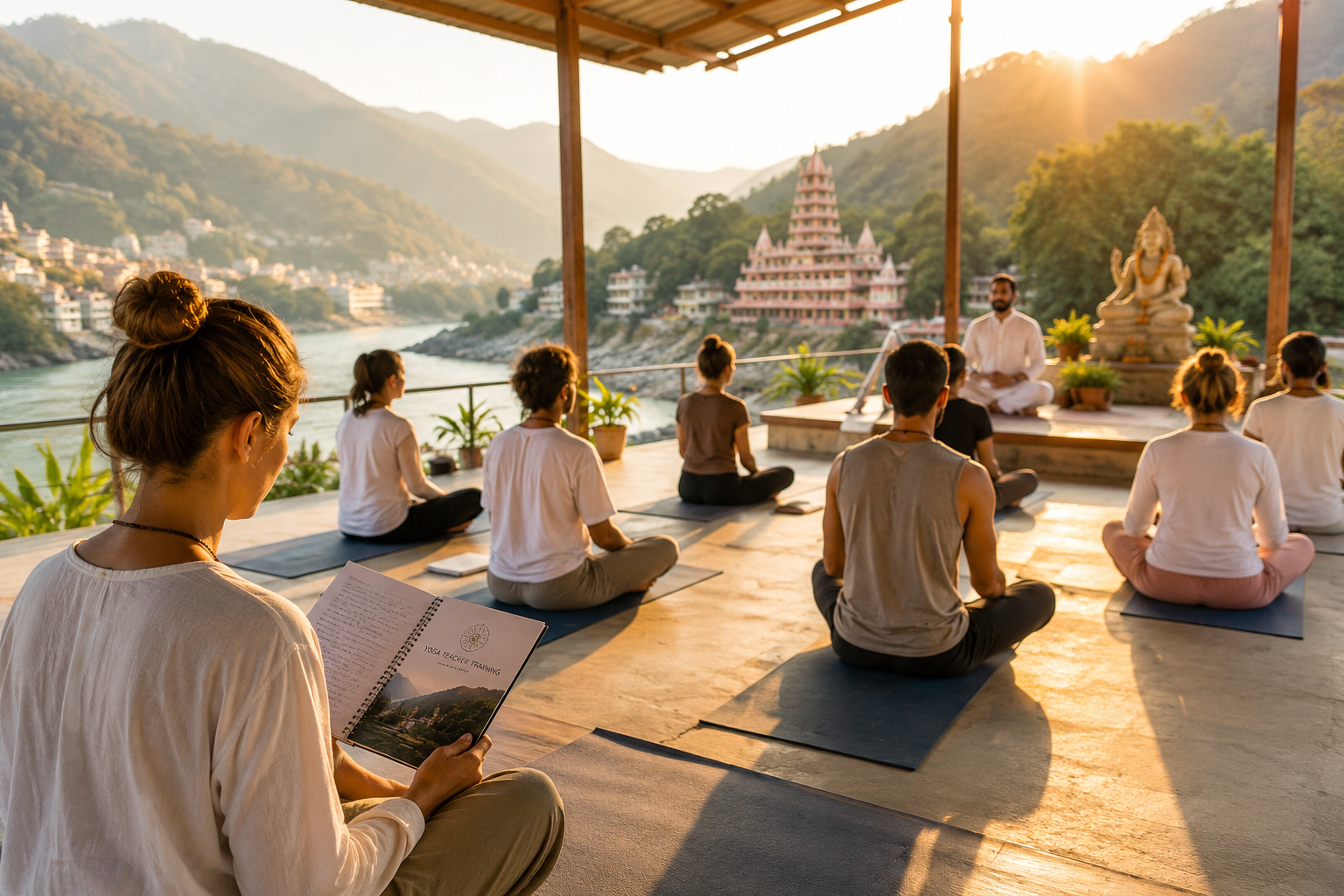Yoga teacher training students meditating in an open-air yoga shala overlooking the Ganges River and Himalayan foothills in Rishikesh at sunrise.