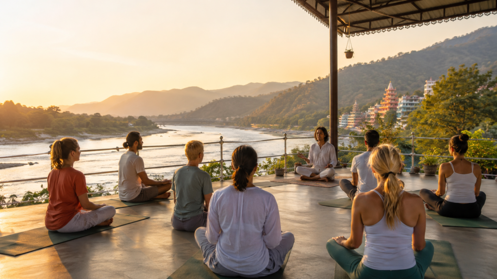 Beginner yoga teacher training students practicing meditation with a teacher in an open-air yoga shala overlooking the Ganges River and Himalayan foothills in Rishikesh at sunrise.