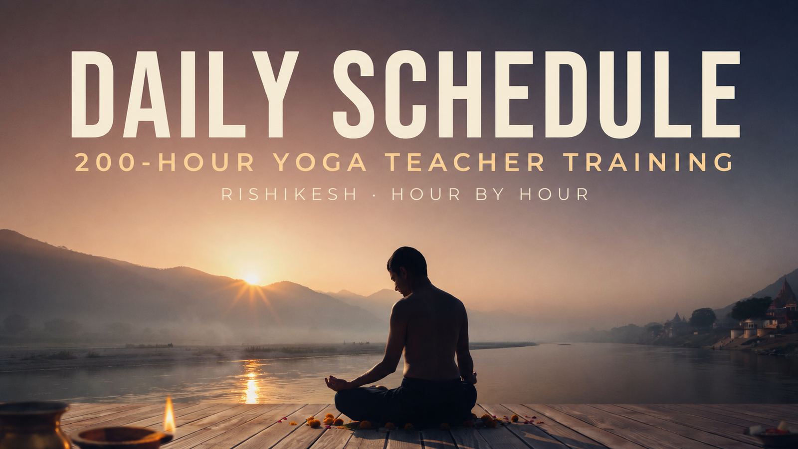 Morning yoga meditation by the Ganges during a 200-hour yoga teacher training course in Rishikesh