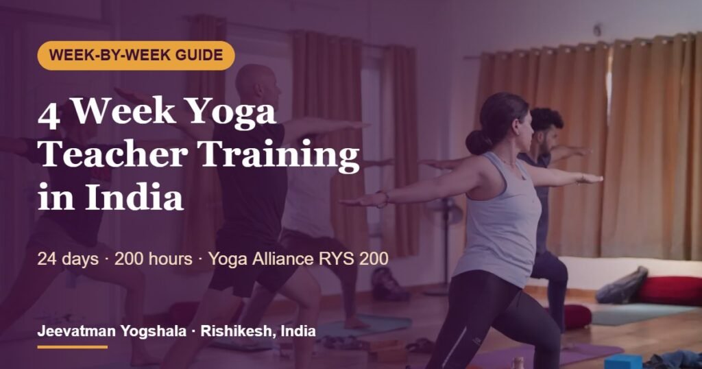 4 Week Yoga Teacher Training in India: What Happens in a 24-Day 200 Hour YTT, Week by Week 2 4 week yoga teacher training in India – students in a 200 hour YTT class in Rishikesh