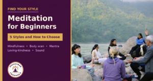 Group of yoga students practicing seated meditation together outdoors on the rocky banks of the River Ganges in Rishikesh, with a purple Jeevatman Yogshala graphic overlay on the left.