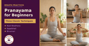 A blog graphic displaying a woman demonstrating three classic pranayama techniques—Kapalbhati, Nadi Shodhana, and Bhramari—alongside a purple Jeevatman Yogshala title card.