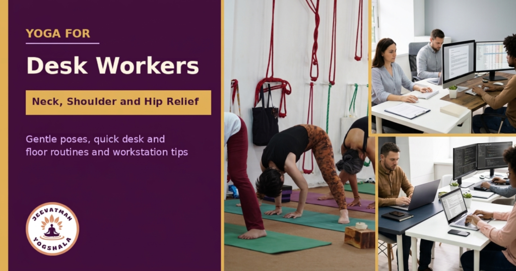 Yoga for desk workers header featuring people working at computers alongside a yoga class practicing stretches for neck, shoulder, and hip relief.