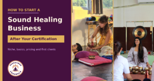 Sound healing practitioner playing a singing bowl over a client lying down, beside a teacher seated with singing bowls and a gong