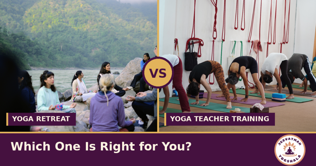 Yoga students meditating by the river in Rishikesh beside a class practising yoga postures, comparing a yoga retreat and yoga teacher training