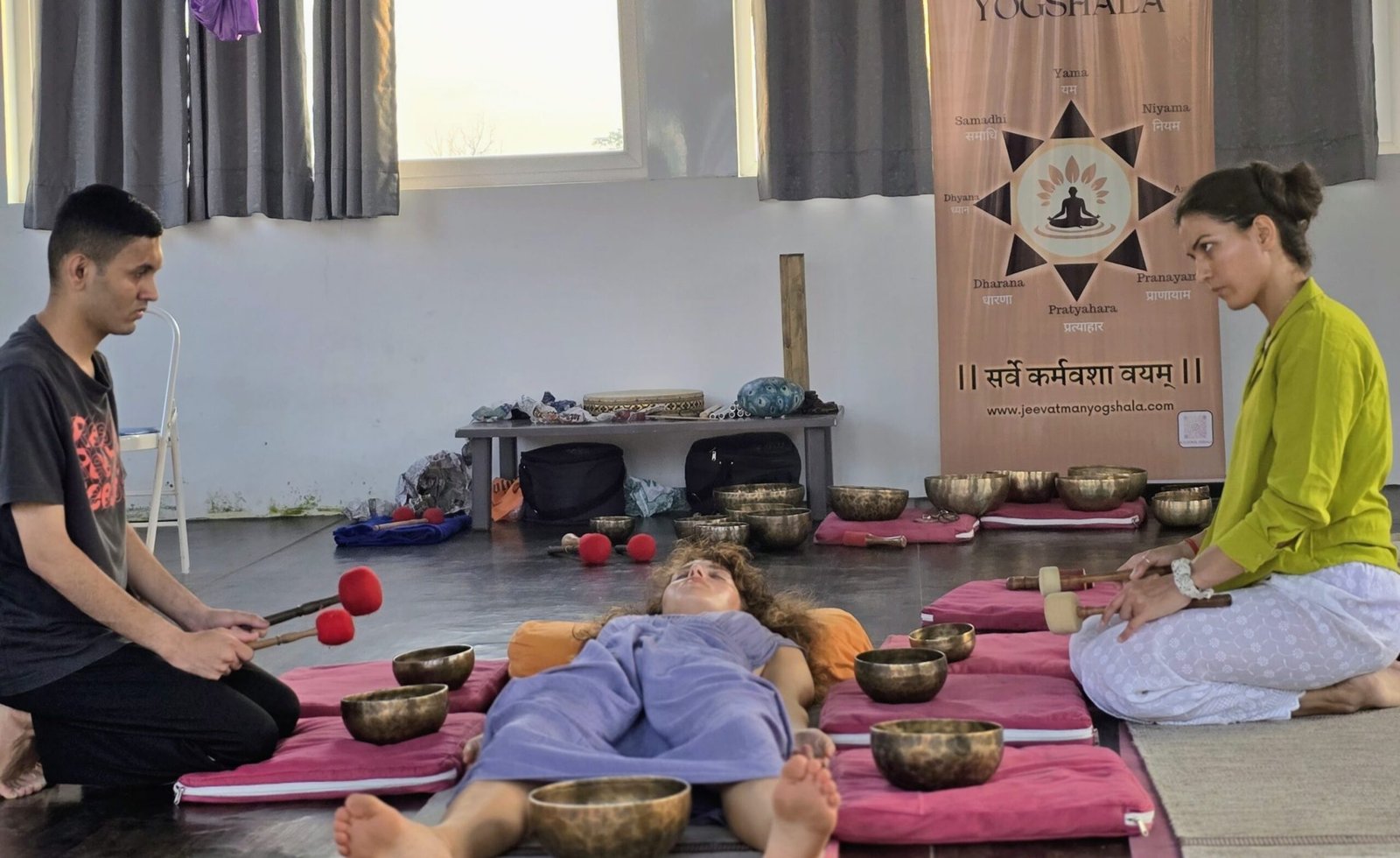 Sound healing therapy session with Tibetan singing bowls at Jeevatman Yogshala